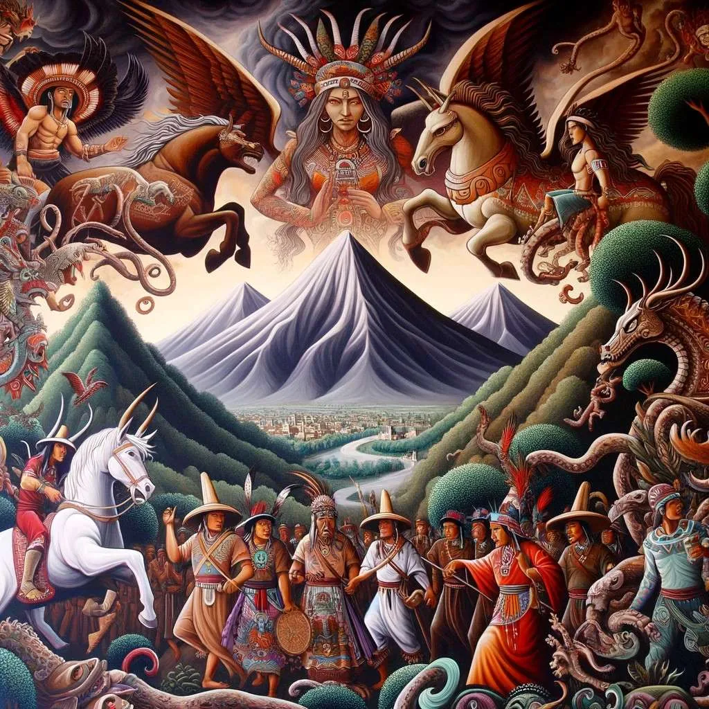 Representación artística de una leyenda de Huixquilucan, destacando la riqueza cultural y natural de la región, adecuada para promover el interés en el folklore local. Los Mitos y Leyendas (www.losmitosyleyendas.com).