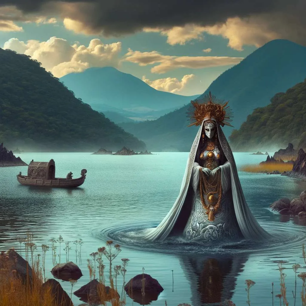 Representación artística de La Dama del Lago de Huixquilucan, mostrando a una figura mística emergiendo del agua, rodeada por la belleza natural. Los Mitos y Leyendas (www.losmitosyleyendas.com)