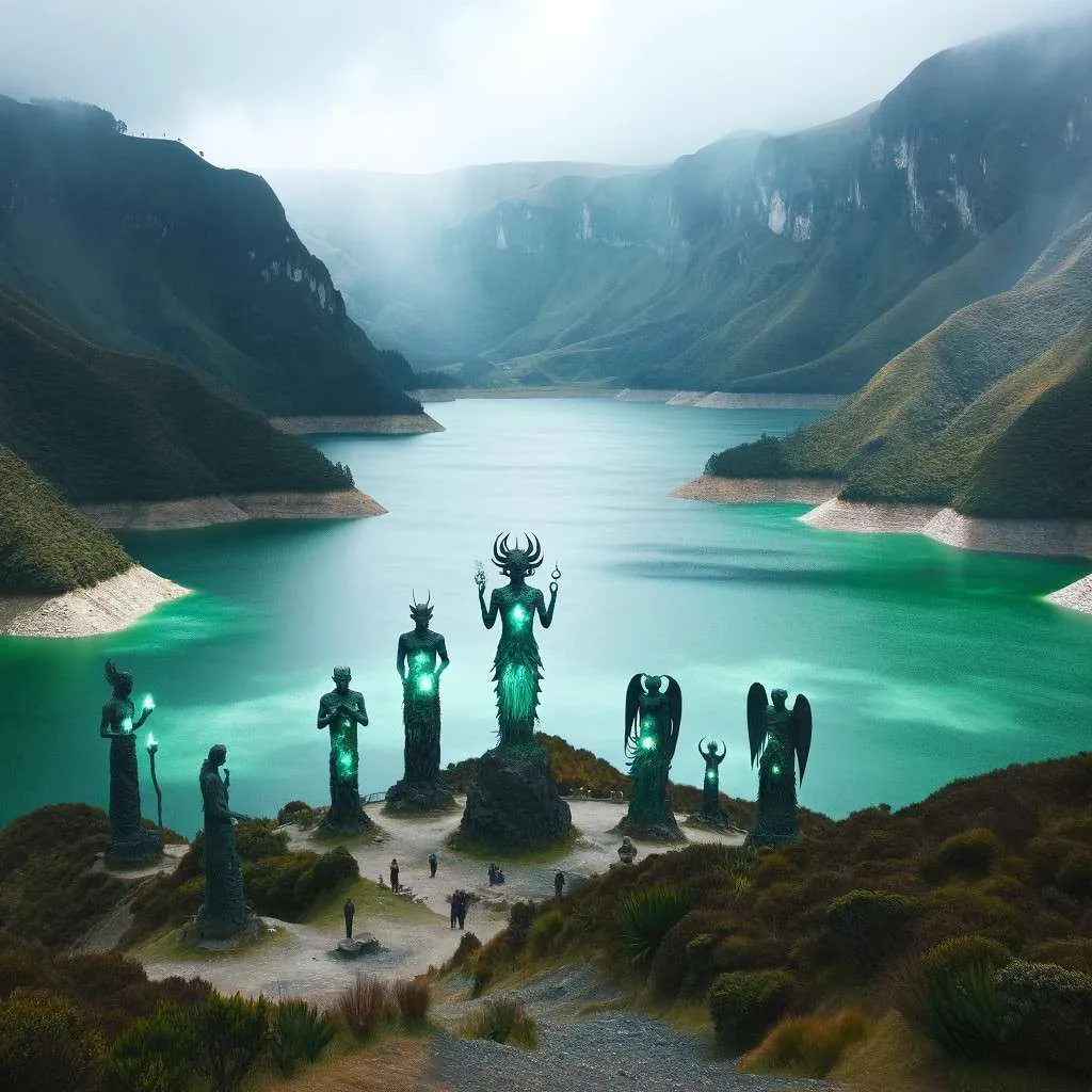 Vista de la Laguna Verde en el cráter del Volcán Azufral con siluetas etéreas de Espíritus Guardianes en el entorno natural. Los Mitos y Leyendas 