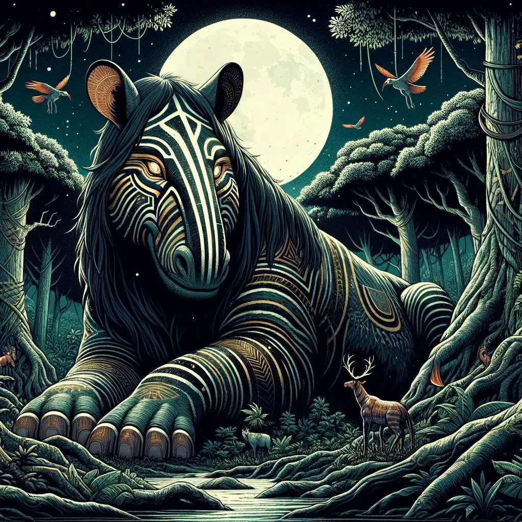 Ajá Tapiruma, el guardián sobrenatural del bosque amazónico, se presenta con rasgos de tapir y una aura mística, protegiendo el bosque y siendo observado respetuosamente por la fauna local. La luna llena ilumina la escena, destacando su vínculo sagrado con la naturaleza. Los Mitos y Leyendas (www.losmitosyleyendas.com)