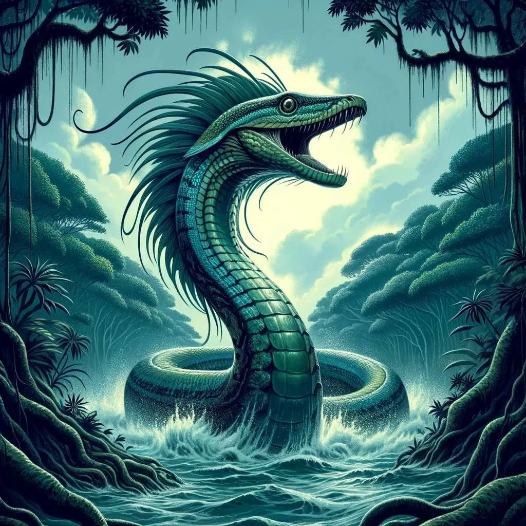 Una criatura mítica serpenteante, similar a Nahuelito, emerge de un río del Amazonas colombiano, con escamas brillantes y ojos penetrantes, rodeada de la exuberante vegetación tropical, capturando la conexión entre lo desconocido y la naturaleza. Los Mitos y Leyendas (www.losmitosyleyendas.com)