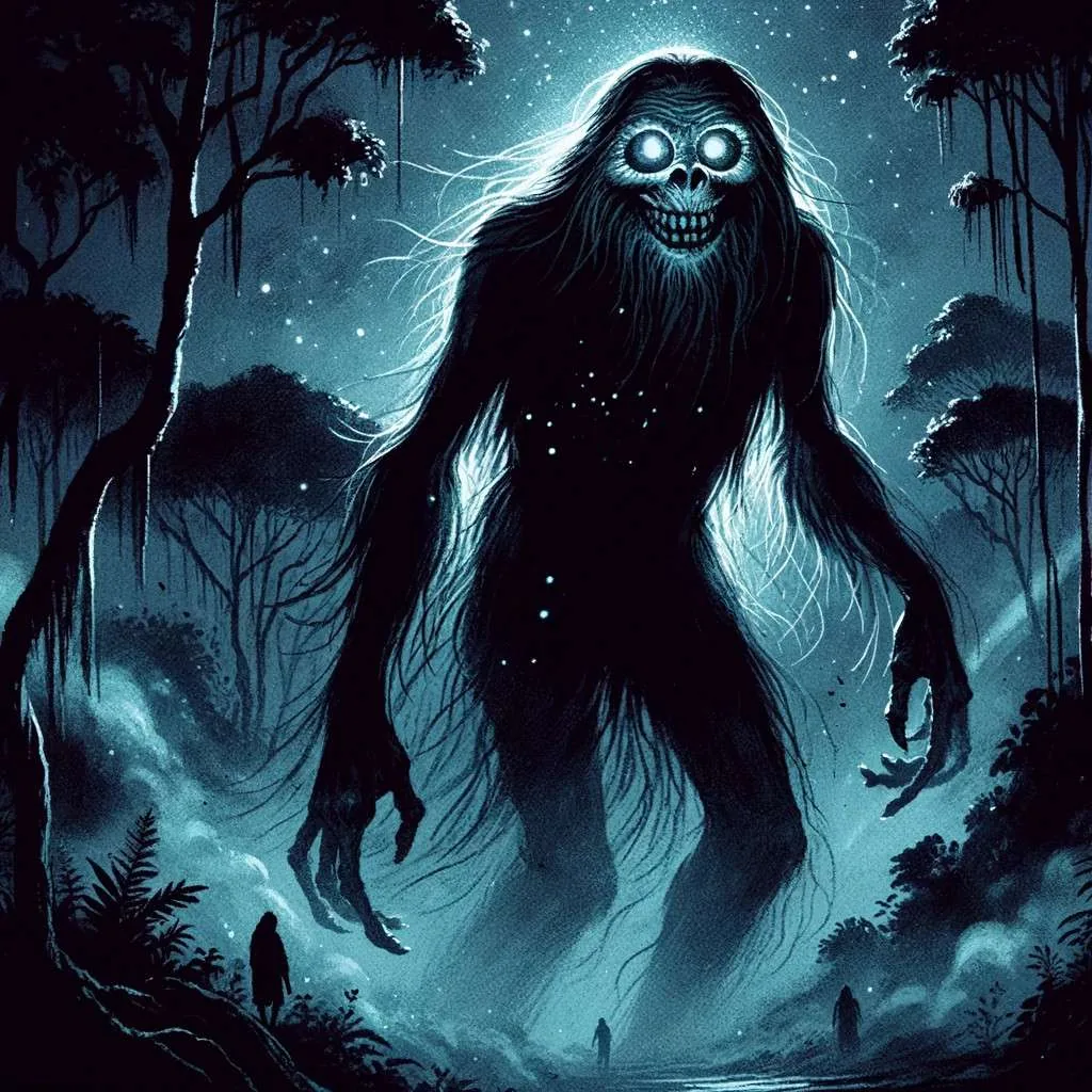 El Tunche, una figura sombría y etérea, vagando por la selva nocturna amazónica, envuelto en brumas y con ojos brillantes en la oscuridad, simboliza el miedo y el respeto hacia lo sobrenatural en la cultura indígena. Los Mitos y Leyendas (www.losmitosyleyendas.com)