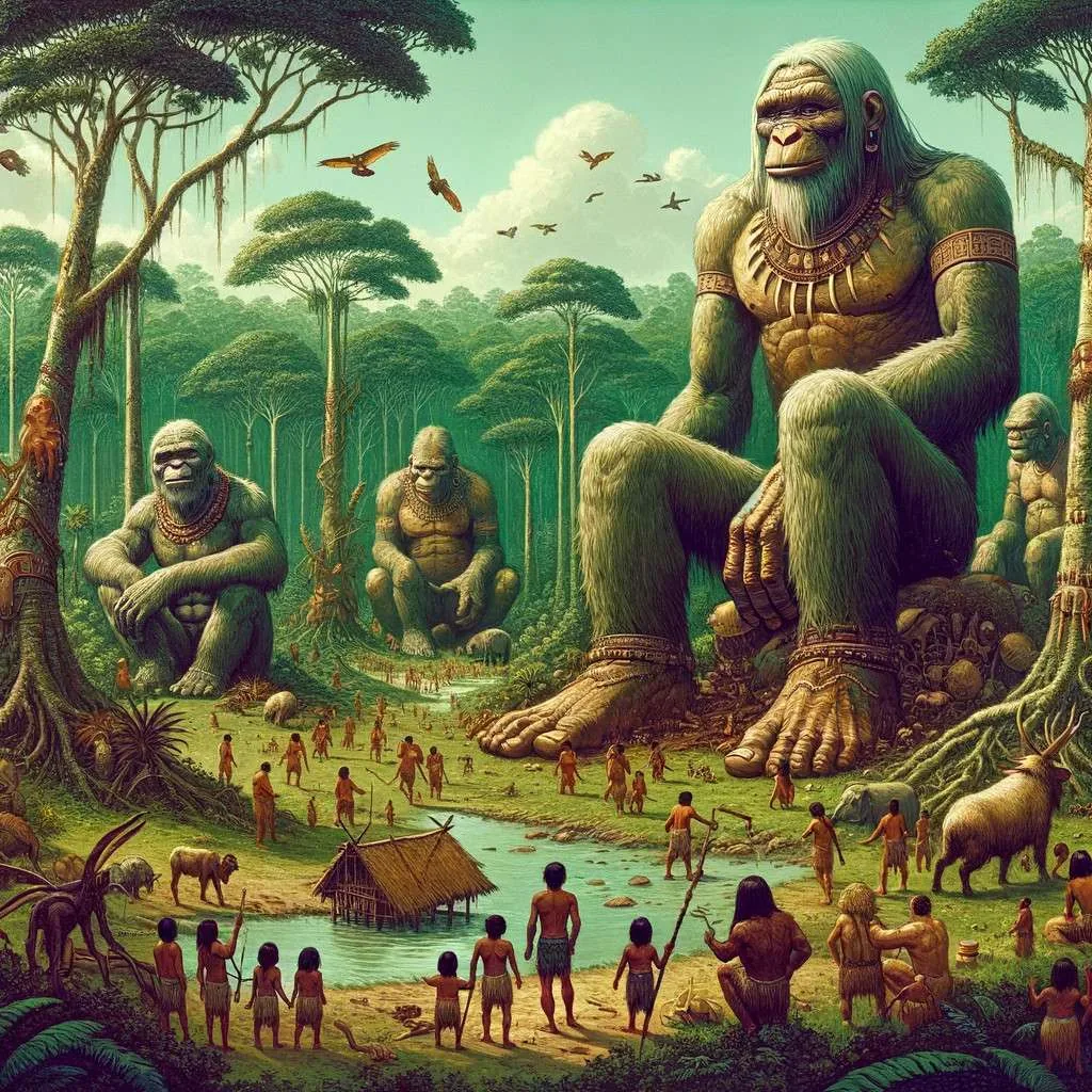 Los Kamëntsa, gigantes amazónicos, realizan actividades como la caza y la recolección, destacándose por su estatura entre los árboles y animales de la selva, simbolizando la conexión y respeto por la naturaleza en la mitología amazónica. Los Mitos y Leyendas (www.losmitosyleyendas.com)