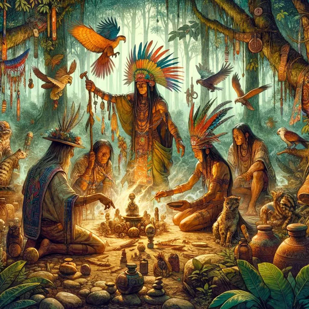 Chamanes y curanderos de la Amazonía colombiana realizan rituales en un claro del bosque, rodeados de plantas medicinales y símbolos sagrados, vestidos con atuendos tradicionales y tocados de plumas, simbolizando su conexión espiritual con la naturaleza. Los Mitos y Leyendas (www.losmitosyleyendas.com)