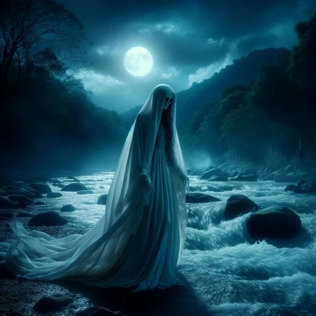 Representación artística de la leyenda de La Llorona, con una figura espectral femenina cerca de un río bajo la luz de la luna, evocando misterio y melancolía. Los Mitos y Leyendas (www.losmitosyleyendas.com).