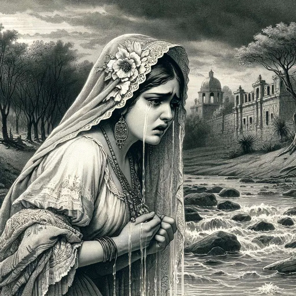 Ilustración del origen de La Llorona, mostrando una mujer joven de época frente a un río, con expresión de desesperación. Se captura la tragedia que la convierte en la leyenda. Los Mitos y Leyendas (www.losmitosyleyendas.com).