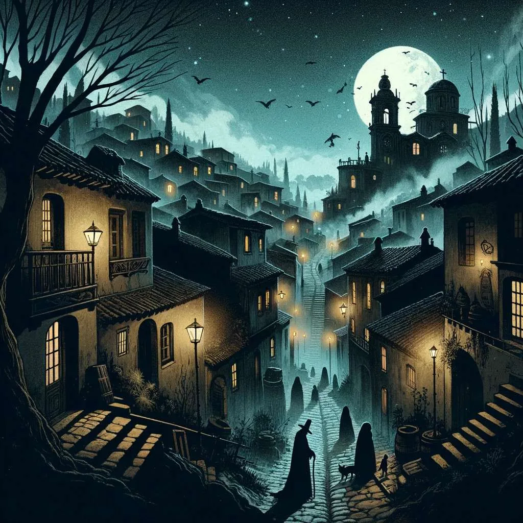 Ilustración de una 'ciudad encantada' bajo la luz de la luna, con calles empedradas y casas coloniales en niebla, sugiriendo la presencia de La Llorona en la distancia. Los Mitos y Leyendas (www.losmitosyleyendas.com).