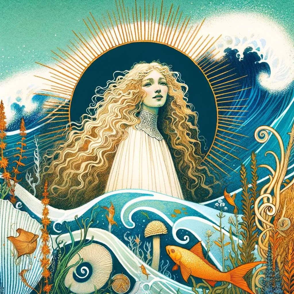 La Pincoya es representada como una hermosa mujer joven con cabellos dorados y piel blanca como la espuma del mar, rodeada de elementos marinos, evocando su vínculo místico con el océano en un paisaje costero chileno. La expresión de su rostro mezcla misterio y seducción, invitando a sumergirse en las profundidades de los mitos y leyendas marinas. Los Mitos y Leyendas (www.losmitosyleyendas.com)