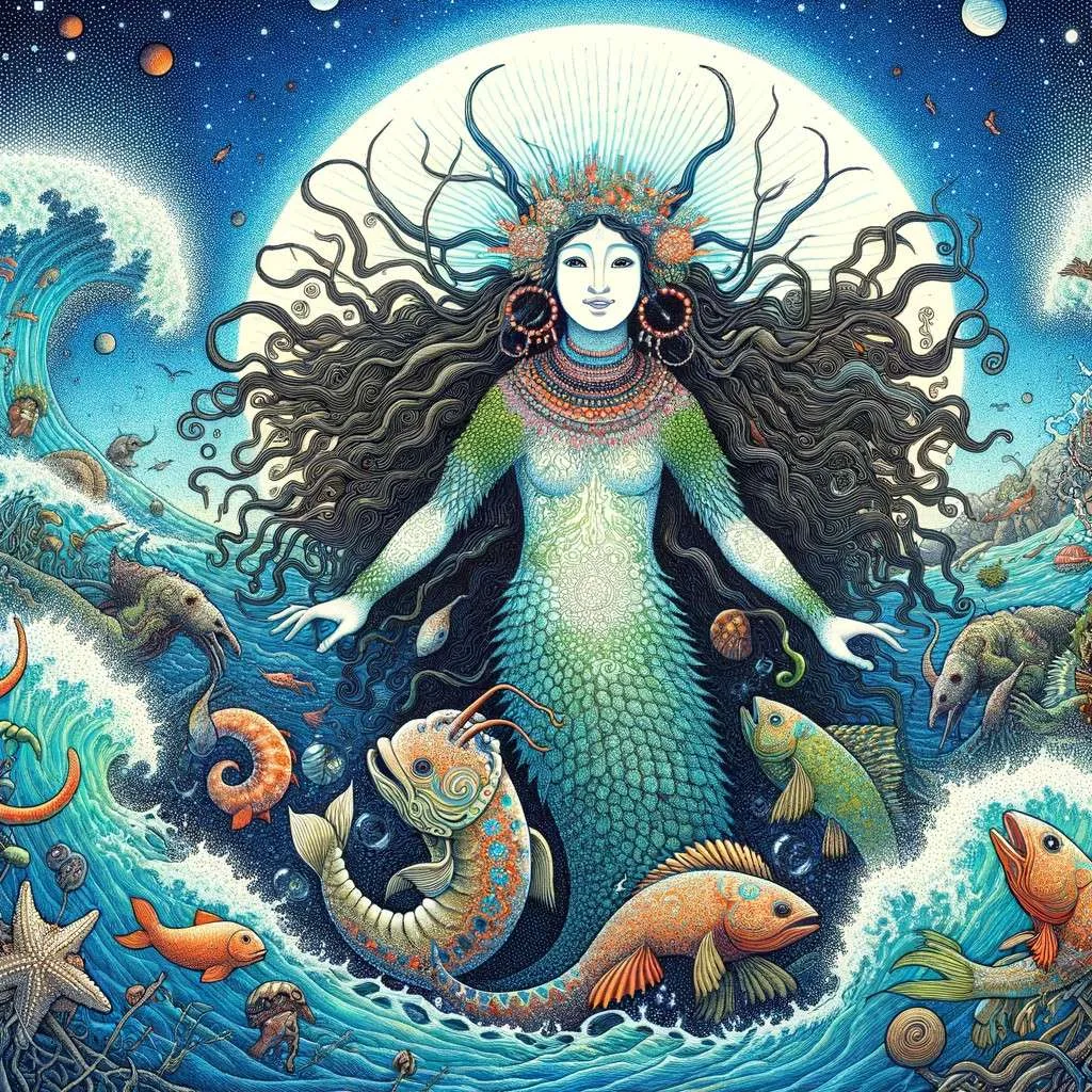 Ilustración del origen de la Pincoya, figura mitológica chilena, emergiendo del océano y rodeada de abundancia marina, en un paisaje costero del sur de Chile. Los Mitos y Leyendas (www.losmitosyleyendas.com)