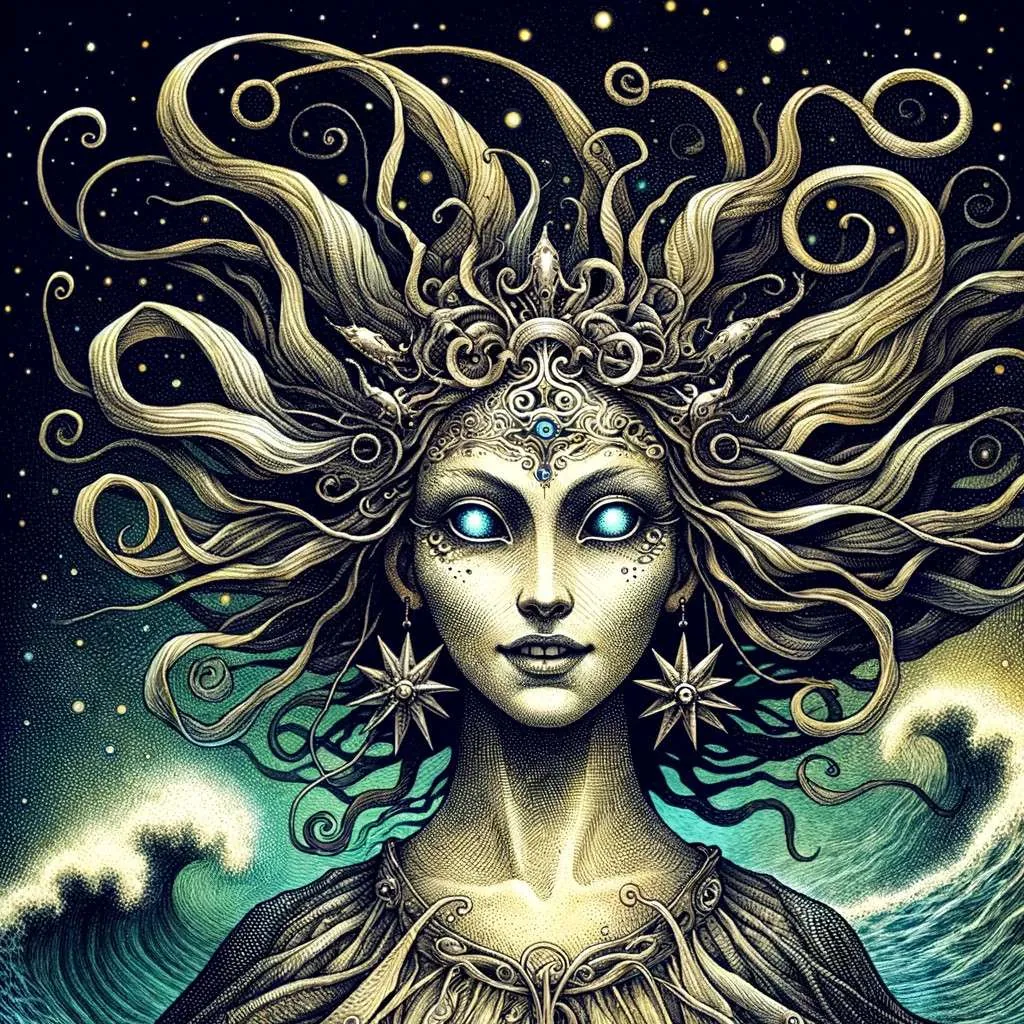Ilustración de la Pincoya, deidad marina de la mitología chilota, con cabellos largos y ondulados, vestida con algas marinas, danzando para invocar la abundancia del mar, contra un fondo que sugiere el mar y el horizonte costero de Chiloé. Los Mitos y Leyendas (www.losmitosyleyendas.com)