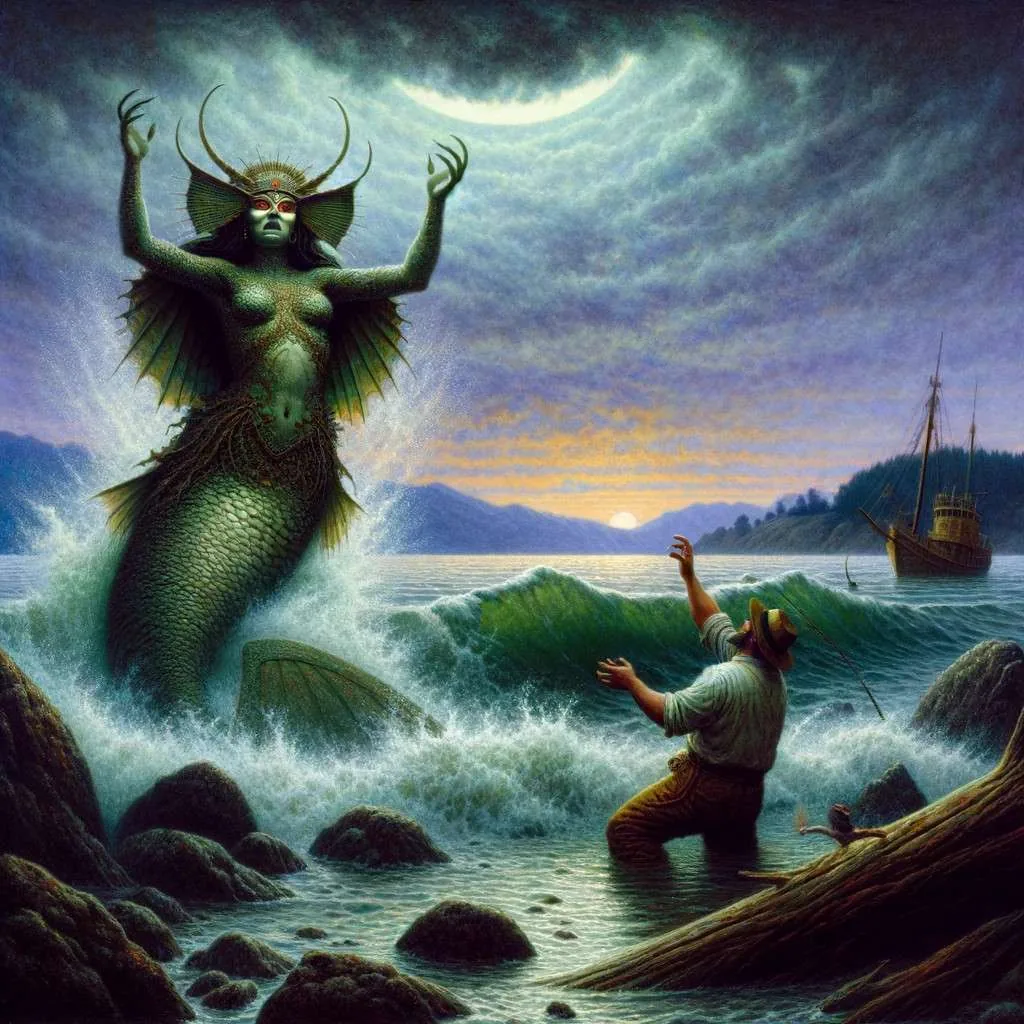 Ilustración de la Pincoya impartiendo una lección a un pescador local arrepentido en las costas de Chiloé, destacando la importancia del respeto hacia la naturaleza y sus guardianes. Los Mitos y Leyendas (www.losmitosyleyendas.com)"