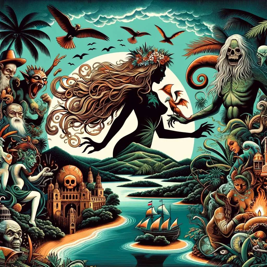 Collage de mitos y leyendas dominicanos con la Ciguapa, el Bacá y el Lupe entre paisajes tropicales. Los Mitos y Leyendas (www.losmitosyleyendas.com)