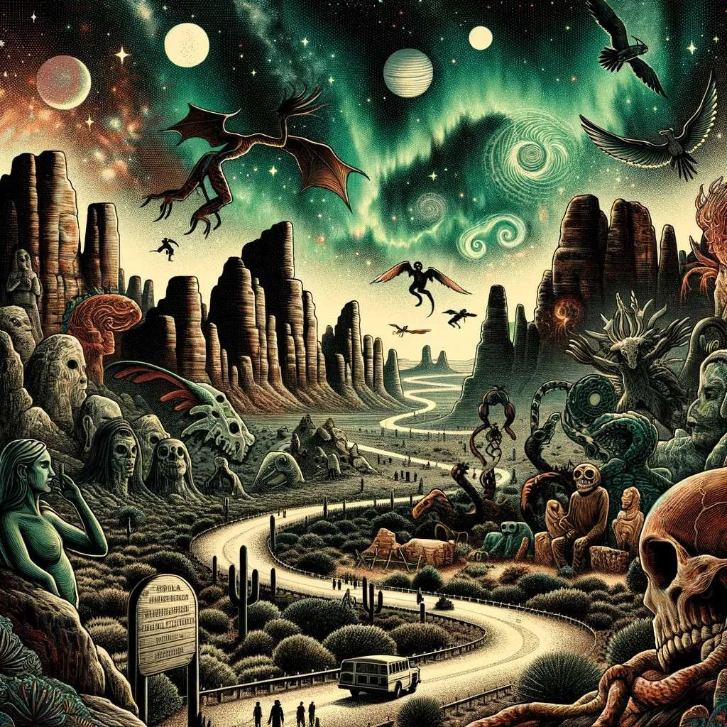 Ilustración de mitos y leyendas de La Rumorosa con figuras fantasmales, rocas imponentes y símbolos indígenas bajo un cielo estrellado. Losmitosyleyendas.com