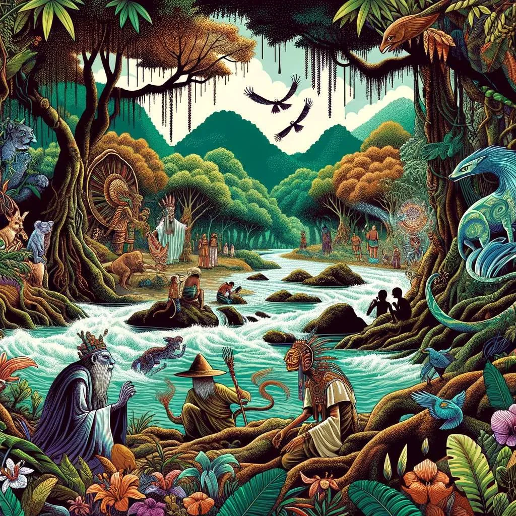Ilustración de mitos y leyendas tropicales de Las Choapas, Veracruz, con seres míticos y selva. Los Mitos y Leyendas (www.losmitosyleyendas.com)
