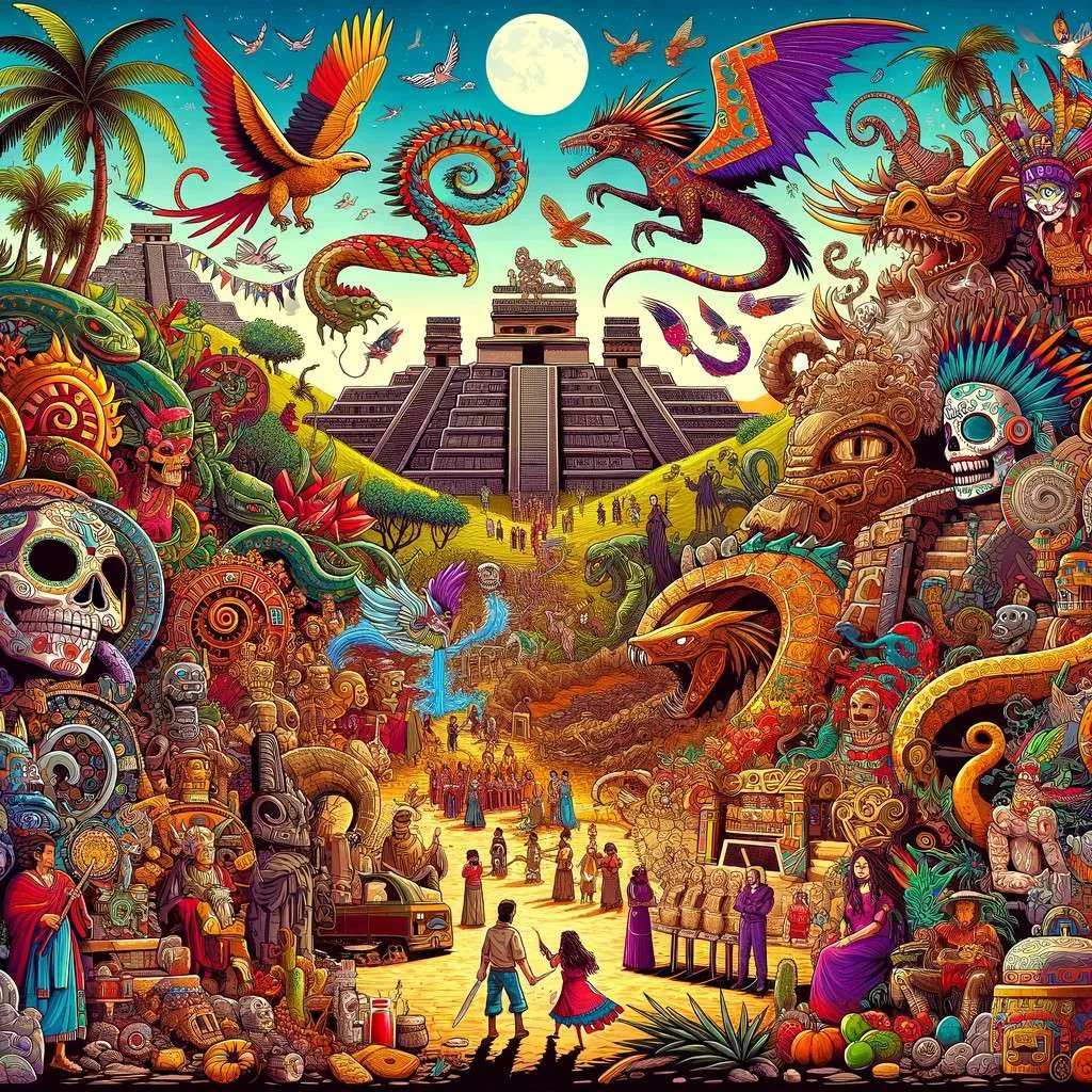 Ilustración vibrante que representa los mitos y leyendas de México, con figuras míticas como Quetzalcóatl y escenas del Día de Muertos, ambientadas en paisajes icónicos mexicanos. La imagen evoca la riqueza espiritual, cultural, y la biodiversidad de México, invitando a la exploración del folclore mexicano. Los Mitos y Leyendas (www.losmitosyleyendas.com)