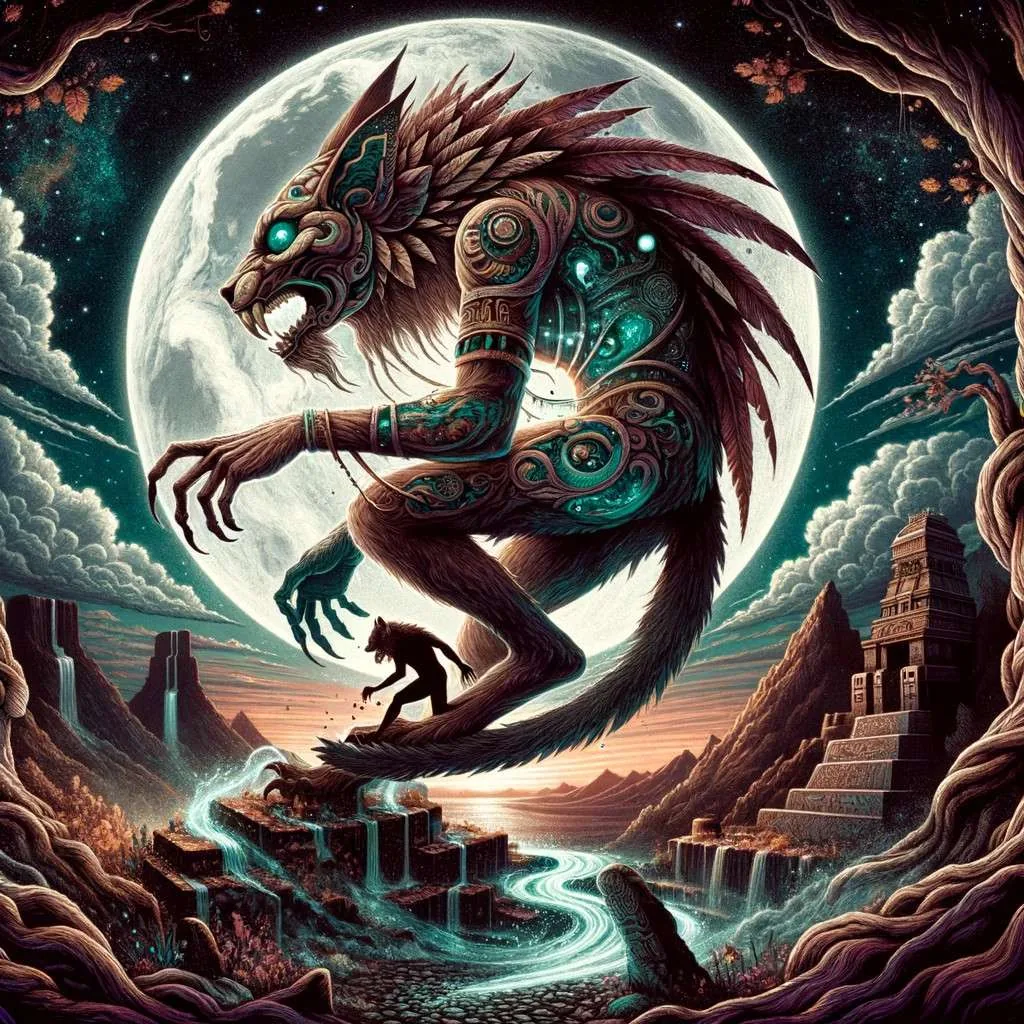 Representación del Nahual, ser mitológico de las culturas mesoamericanas, en plena transformación bajo un cielo nocturno. La imagen refleja el poder, el misterio, y el respeto hacia esta criatura, conectada profundamente con la tierra y los espíritus ancestrales. La atmósfera y los colores evocan la magia y lo sobrenatural del Nahual. Los Mitos y Leyendas