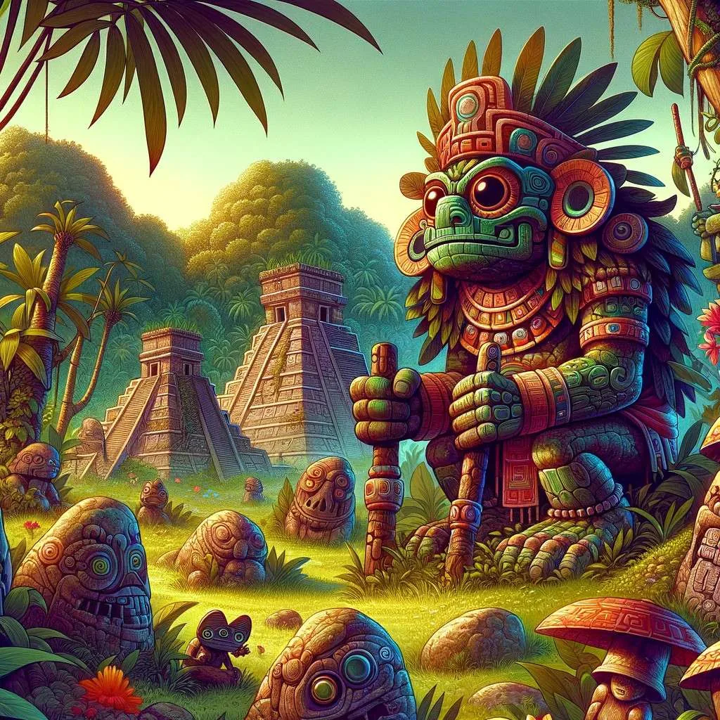 Representación de los Aluxes, duendes guardianes de la cultura maya, escondidos entre la vegetación, protegiendo los sembradíos y casas rurales. La imagen destaca su aspecto travieso y su armonía con el entorno natural, en una atmósfera vibrante y mística. Invita a respetar la naturaleza y la riqueza cultural maya. Los Mitos y Leyendas (www.losmitosyleyendas.com)
