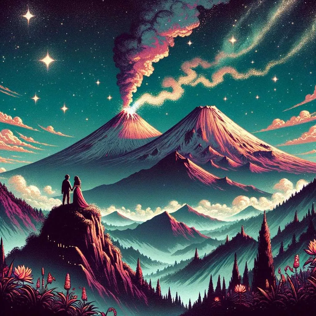 Representación de la leyenda de Popocatépetl e Iztaccíhuatl, con los volcanes bajo un cielo estrellado, reflejando su amor eterno. Popocatépetl emite una fumarola, simbolizando su vigilancia sobre Iztaccíhuatl, en un paisaje que evoca la pasión y la melancolía de su historia. Los Mitos y Leyendas (www.losmitosyleyendas.com)