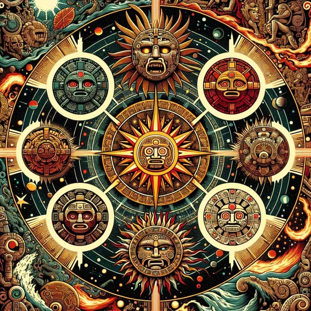 Representación del mito azteca del Nahui Ollin, con los cinco soles simbolizando las eras de la humanidad, en un diseño que refleja el cosmos y los elementos naturales de cada era. La imagen está llena de simbolismo azteca, evocando la espiritualidad y la visión del mundo de esta cultura. Los Mitos y Leyendas (www.losmitosyleyendas.com)