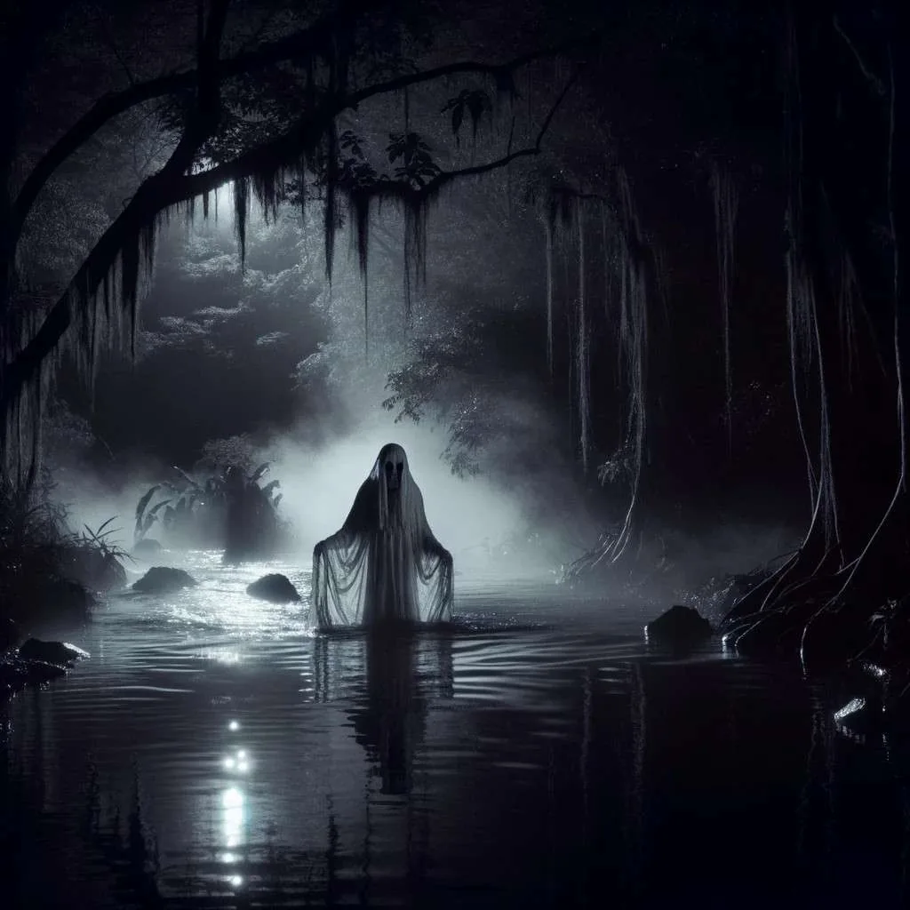La Llorona a orillas del río Coatzacoalcos en una noche de luna, evocando misterio y tristeza. LMYL.