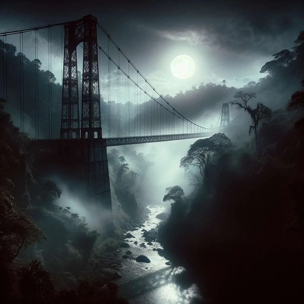 Puente Colgante de Minatitlán iluminado por la luna, evocando misterio. Los Mitos y Leyendas (www.losmitosyleyendas.com)