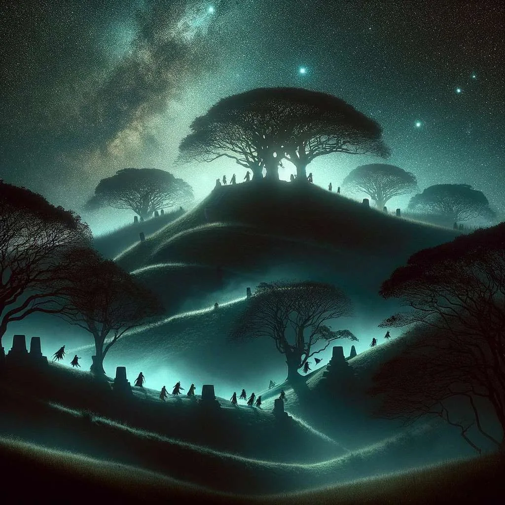Almas errantes vagando por el Cerro Nanchital bajo un cielo estrellado, evocando leyendas prehispánicas. Los Mitos y Leyendas (www.losmitosyleyendas.com)