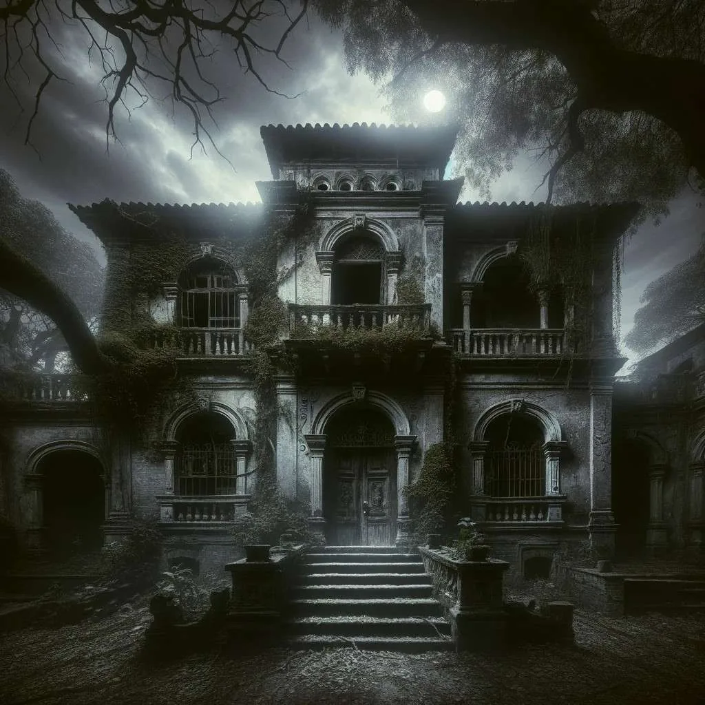 Casa encantada de Minatitlán bajo la luna, evocando misterio y presencias ocultas. Los Mitos y Leyendas (www.losmitosyleyendas.com)