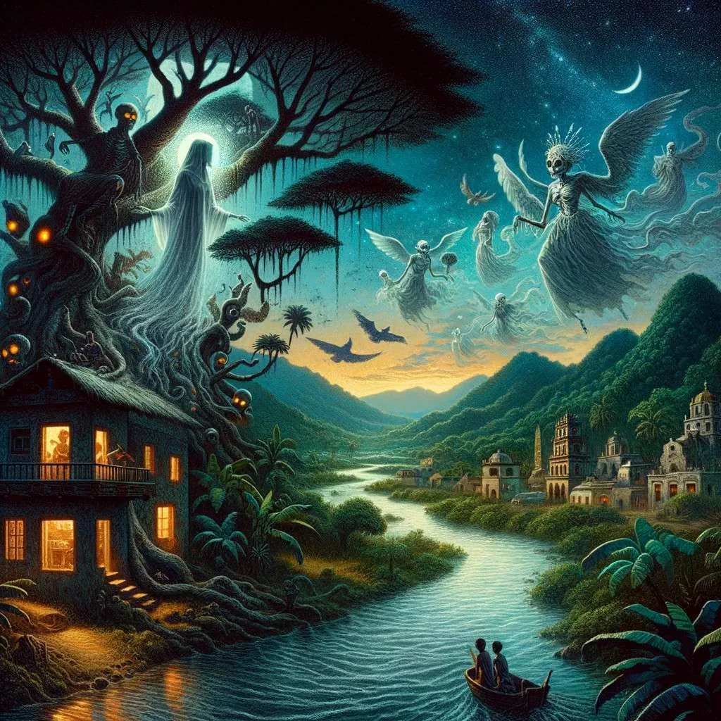 Ilustración de mitos de Minatitlán, combinando la Llorona, el ser del río Coatzacoalcos, y la casa encantada en un paisaje tropical. Los Mitos y Leyendas (www.losmitosyleyendas.com)
