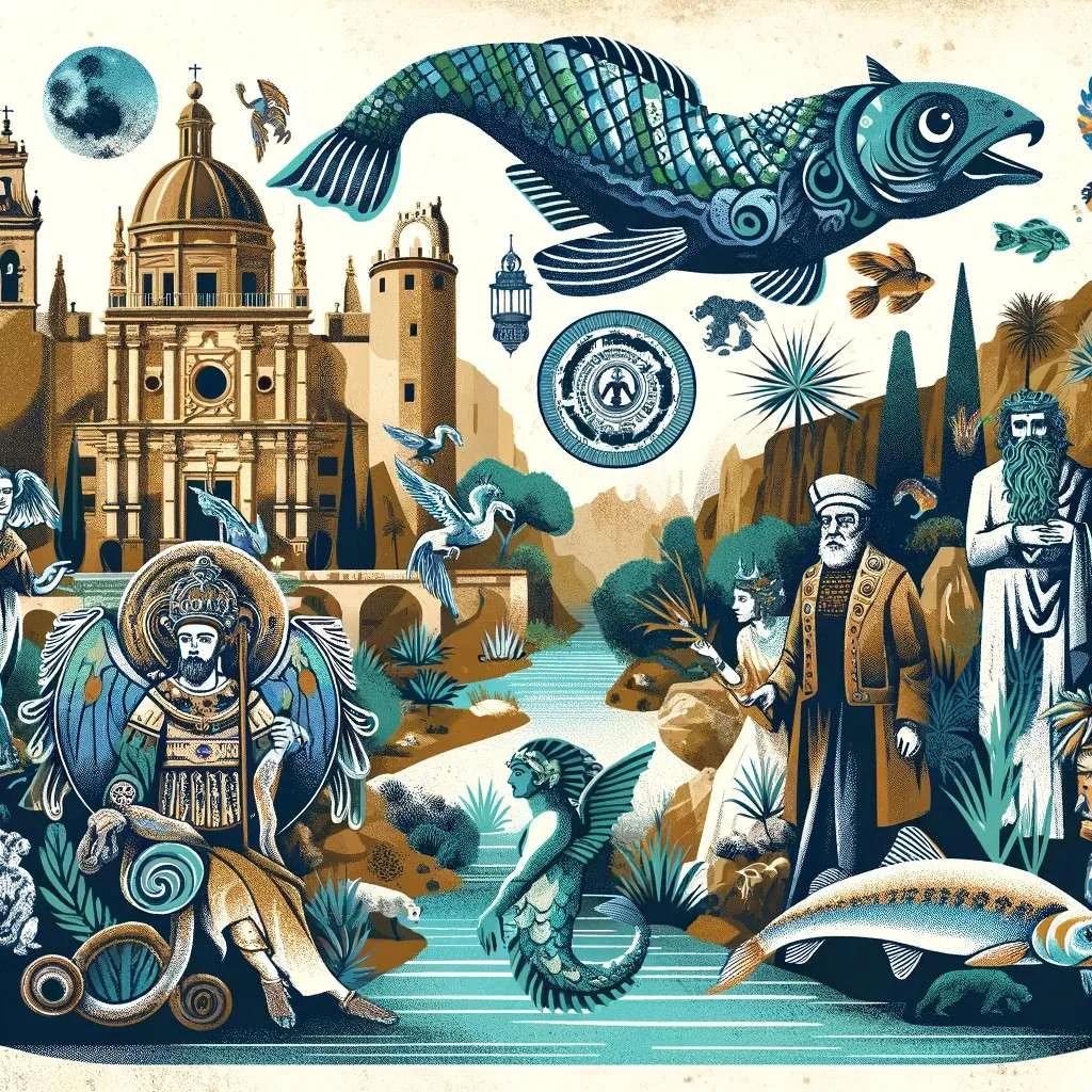 Ilustración que combina elementos de varios mitos y leyendas asociados con Murcia, España, incluyendo criaturas acuáticas del río Segura, figuras históricas legendarias y seres encantados, todo ello ambientado en paisajes naturales y arquitectura antigua característica de Murcia. Los Mitos y Leyendas (www.losmitosyleyendas.com)