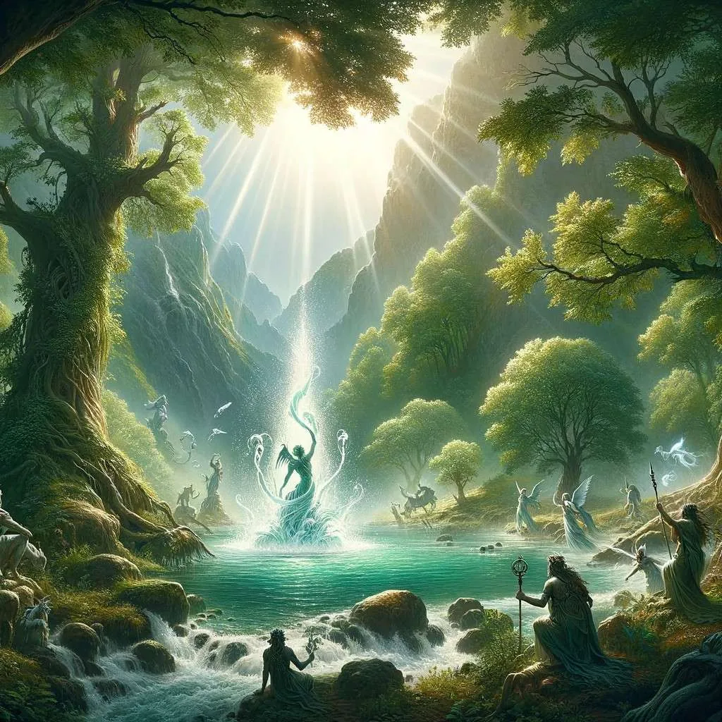 Ilustración que representa la leyenda del nacimiento del Río Segura en Murcia, España, mostrando el momento mágico en que el río surge de un manantial en las montañas, con criaturas míticas y figuras divinas involucradas en su creación, en un ambiente de asombro y encanto. Los Mitos y Leyendas (www.losmitosyleyendas.com)