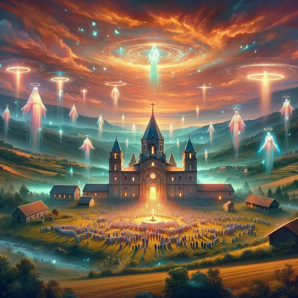 Ilustración de los misterios que rodean al Santuario de La Fuensanta en Murcia, España, mostrando el santuario en un paisaje verde con peregrinos y apariciones espectrales, luces flotantes y figuras etéreas que simbolizan fenómenos milagrosos, bajo un cielo de amanecer o atardecer que añade un toque divino o sobrenatural. Los Mitos y Leyendas (www.losmitosyleyendas.com)
