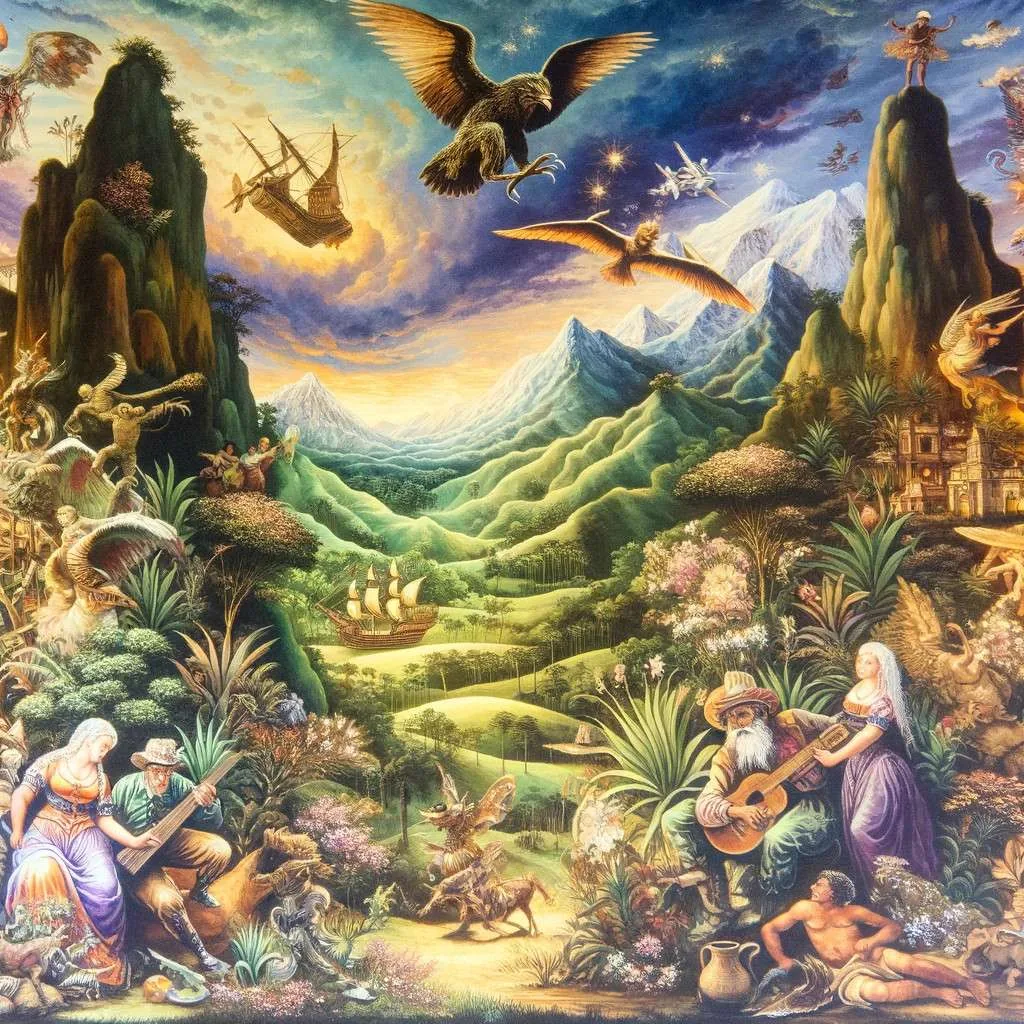 Una escena mística que representa los mitos y leyendas de Ocaña, Norte de Santander, con personajes legendarios y espíritus de la naturaleza en un paisaje característico de la región. Los Mitos y Leyendas (www.losmitosyleyendas.com).