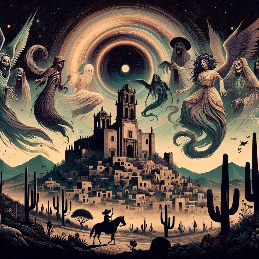 Ilustración inspirada en las leyendas de Ojocaliente, Zacatecas, mostrando figuras espectrales, paisajes áridos y antiguas construcciones bajo una atmósfera misteriosa. Los Mitos y Leyendas (www.losmitosyleyendas.com)