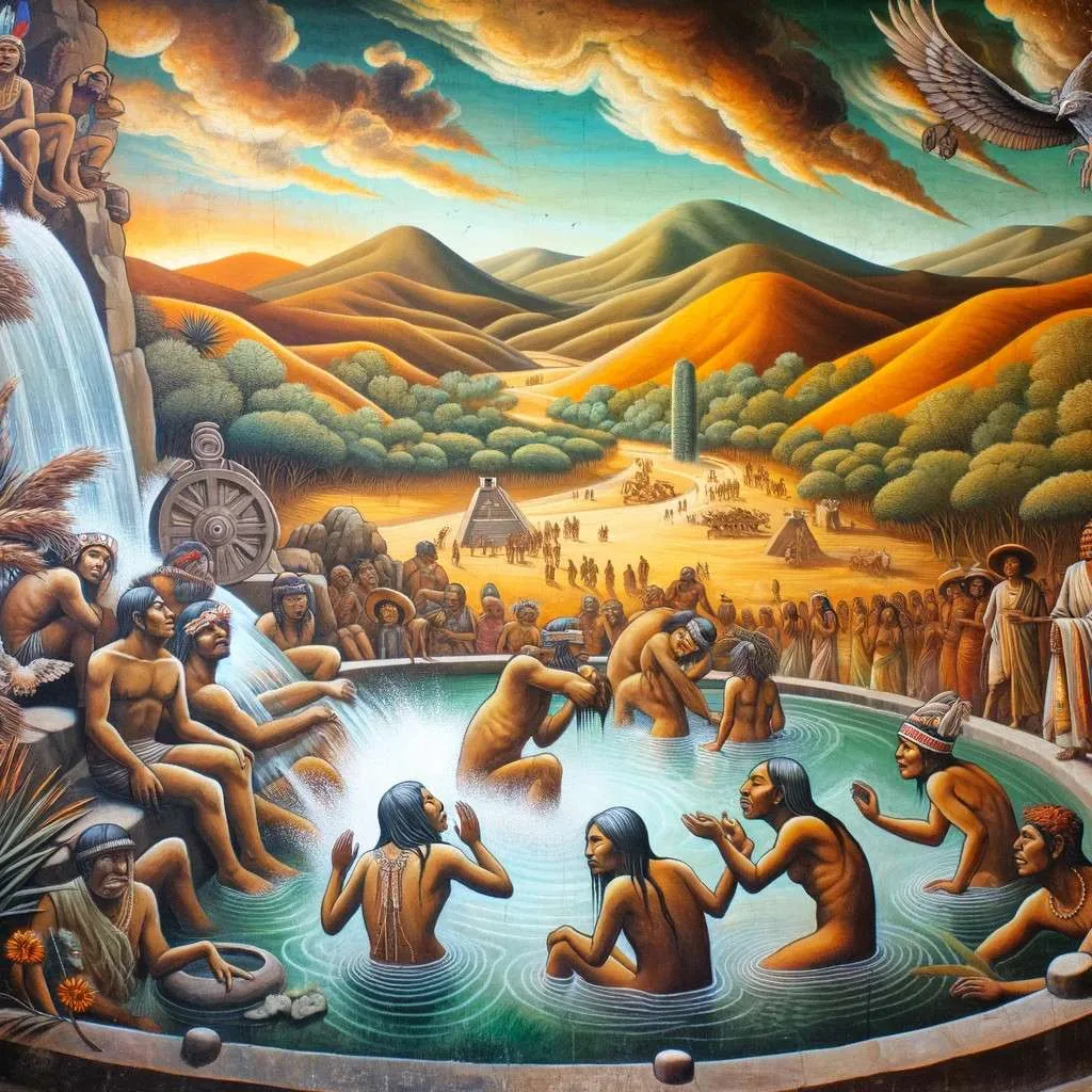 Representación artística del mito de origen de Ojocaliente, Zacatecas, mostrando figuras indígenas bañándose en un manantial curativo creado por un dios de las aguas, en un oasis desértico. Los Mitos y Leyendas (www.losmitosyleyendas.com)