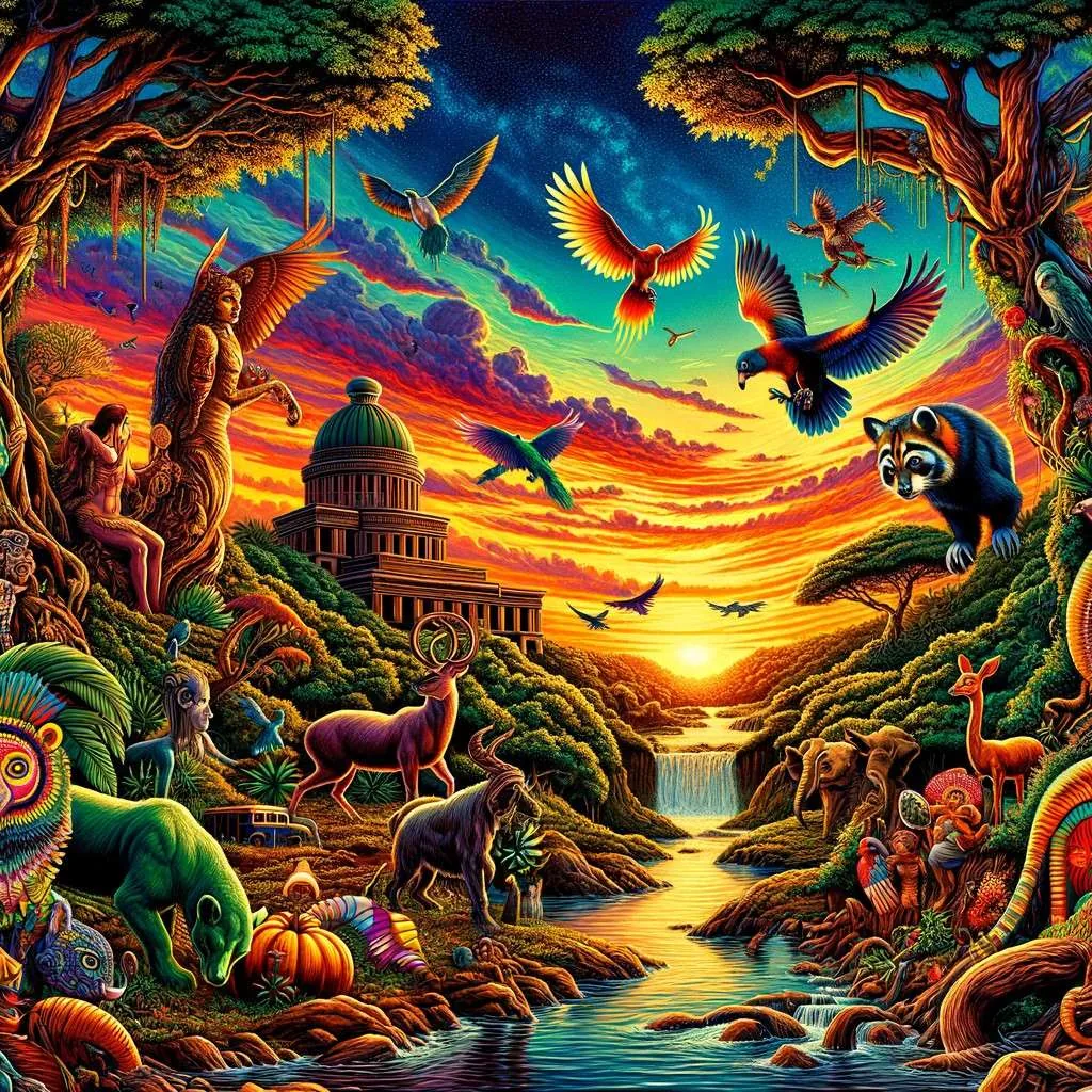 Ilustración de mitos y leyendas de Paraguay con criaturas míticas en un bosque exuberante. Los Mitos y Leyendas (www.losmitosyleyendas.com)