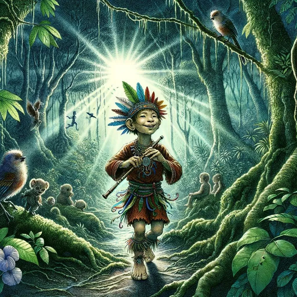 Ilustración de Jasy Jatere con bastón mágico en un bosque, representando la leyenda guaraní. Los Mitos y Leyendas (www.losmitosyleyendas.com)