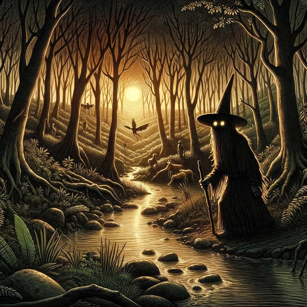 Ilustración de El Pombero, figura misteriosa en un bosque, como guardián de la naturaleza. Los Mitos y Leyendas (www.losmitosyleyendas.com)