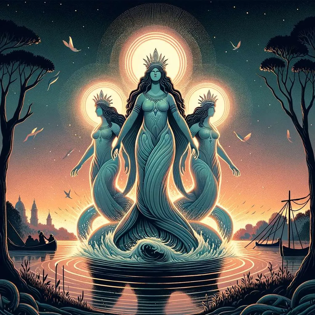 Ilustración de Las Lambaré, espíritus majestuosos emergiendo de un río al amanecer como guardianes de la frontera. Los Mitos y Leyendas (www.losmitosyleyendas.com)