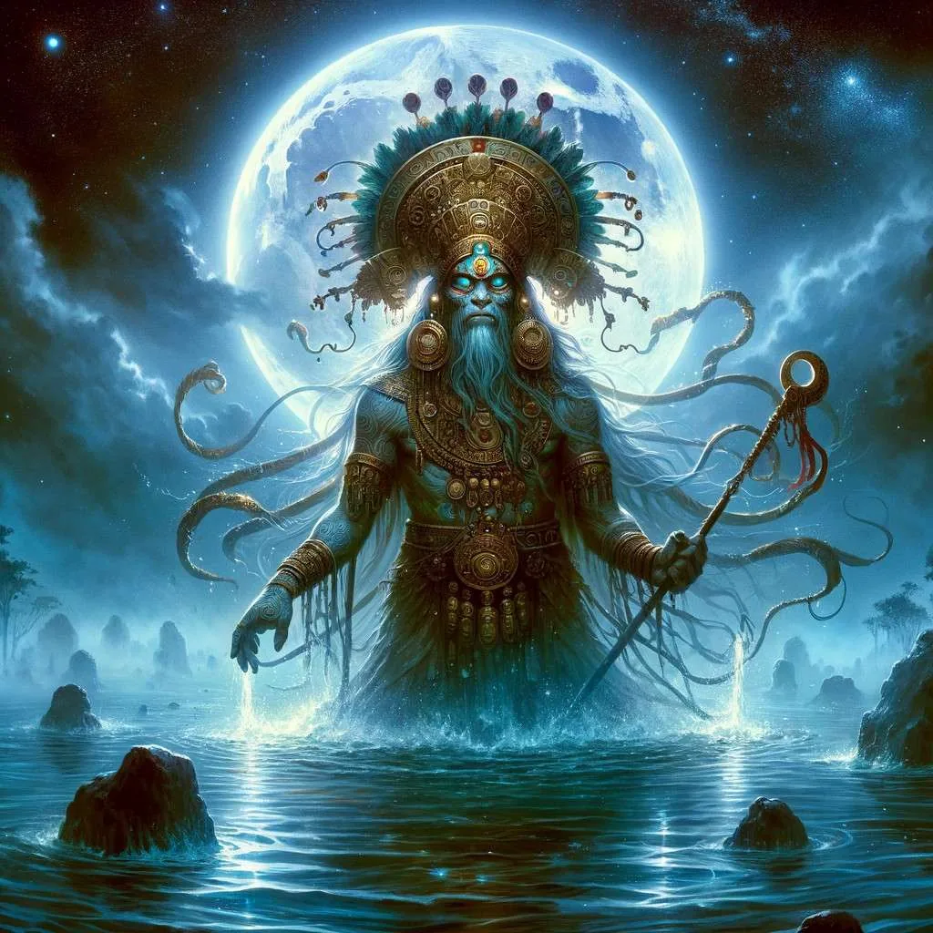 Ilustración de Karai Pyhare, El Señor del Agua, emergiendo de un río nocturno con aura de poder. Los Mitos y Leyendas (www.losmitosyleyendas.com)