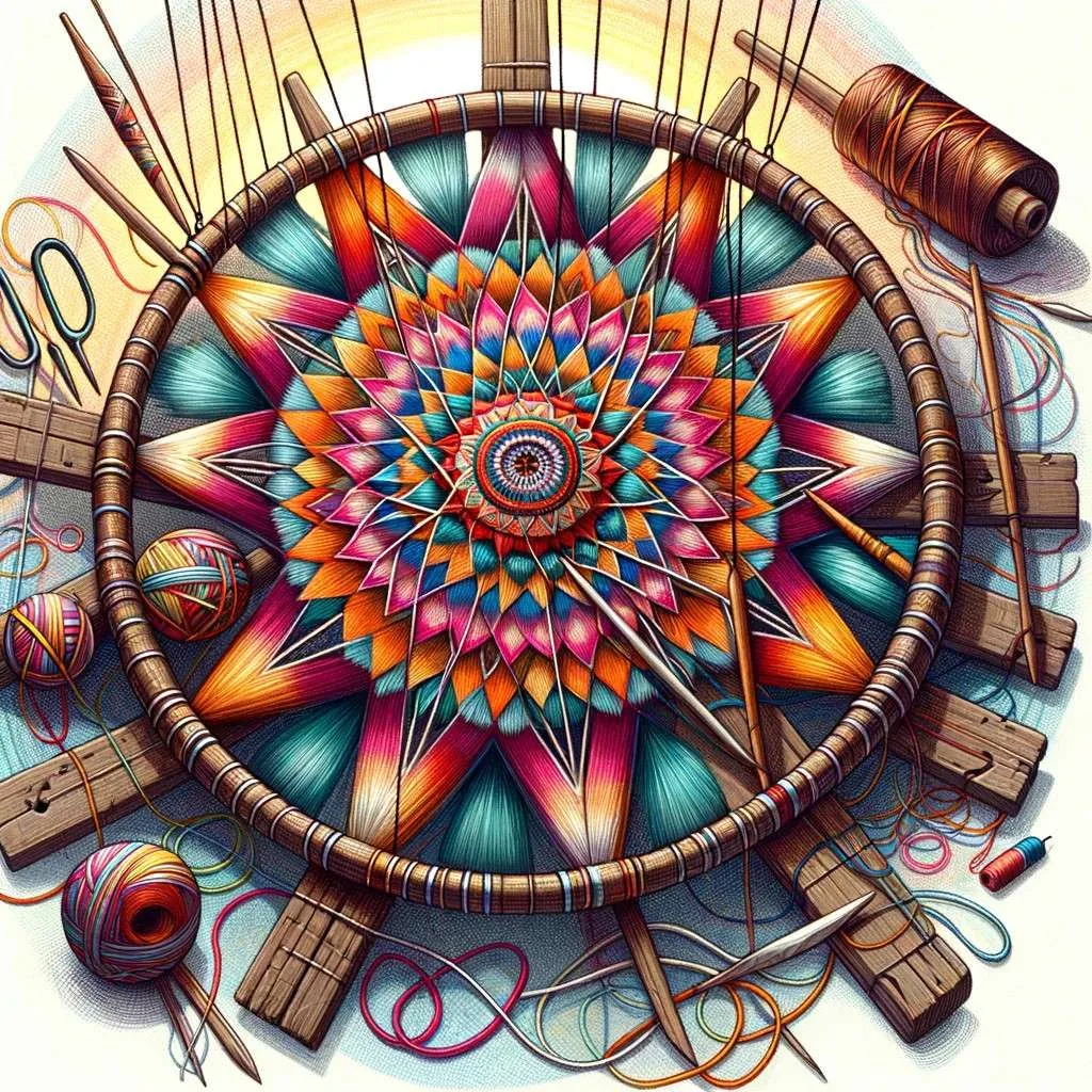 Ilustración de Ñandutí, la telaraña mágica paraguaya, destacando su colorido y complejidad. Los Mitos y Leyendas (www.losmitosyleyendas.com)