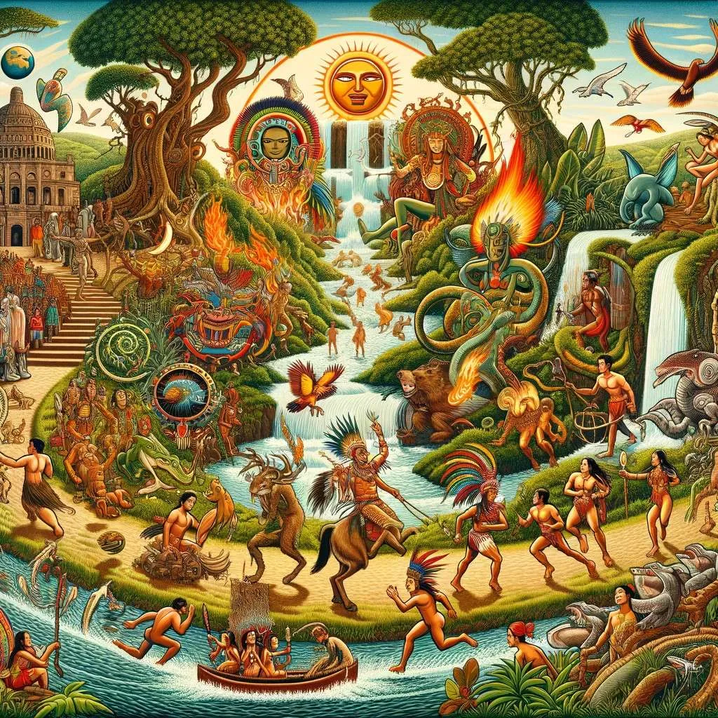Ilustración que captura la diversidad de las leyendas indígenas guaraníes en Paraguay, con personajes míticos en un paisaje natural. Los Mitos y Leyendas (www.losmitosyleyendas.com)