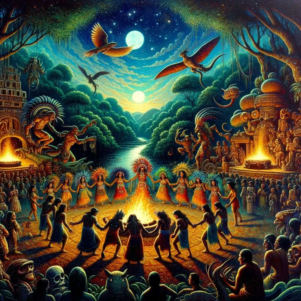 Una representación artística de los mitos y leyendas de Poza Rica, Veracruz, donde la cultura y la naturaleza se entrelazan en una danza ritual bajo el cielo estrellado, evocando las tradiciones y seres míticos de la región. Los Mitos y Leyendas (www.losmitosyleyendas.com)