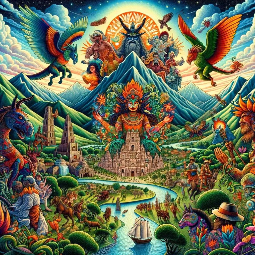 Ilustración de mitos y leyendas de Santiago, Nuevo León con personajes folclóricos y naturaleza. Los Mitos y Leyendas (www.losmitosyleyendas.com)