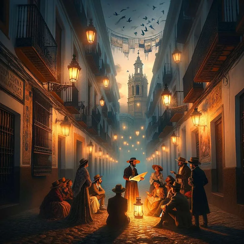 Una encantadora escena en Sevilla, España, iluminada por la historia y la tradición, donde un contador de historias comparte leyendas antiguas con un grupo de oyentes admirados, con la Giralda al fondo, reflejando la rica herencia cultural de la ciudad. Los Mitos y Leyendas (www.losmitosyleyendas.com)