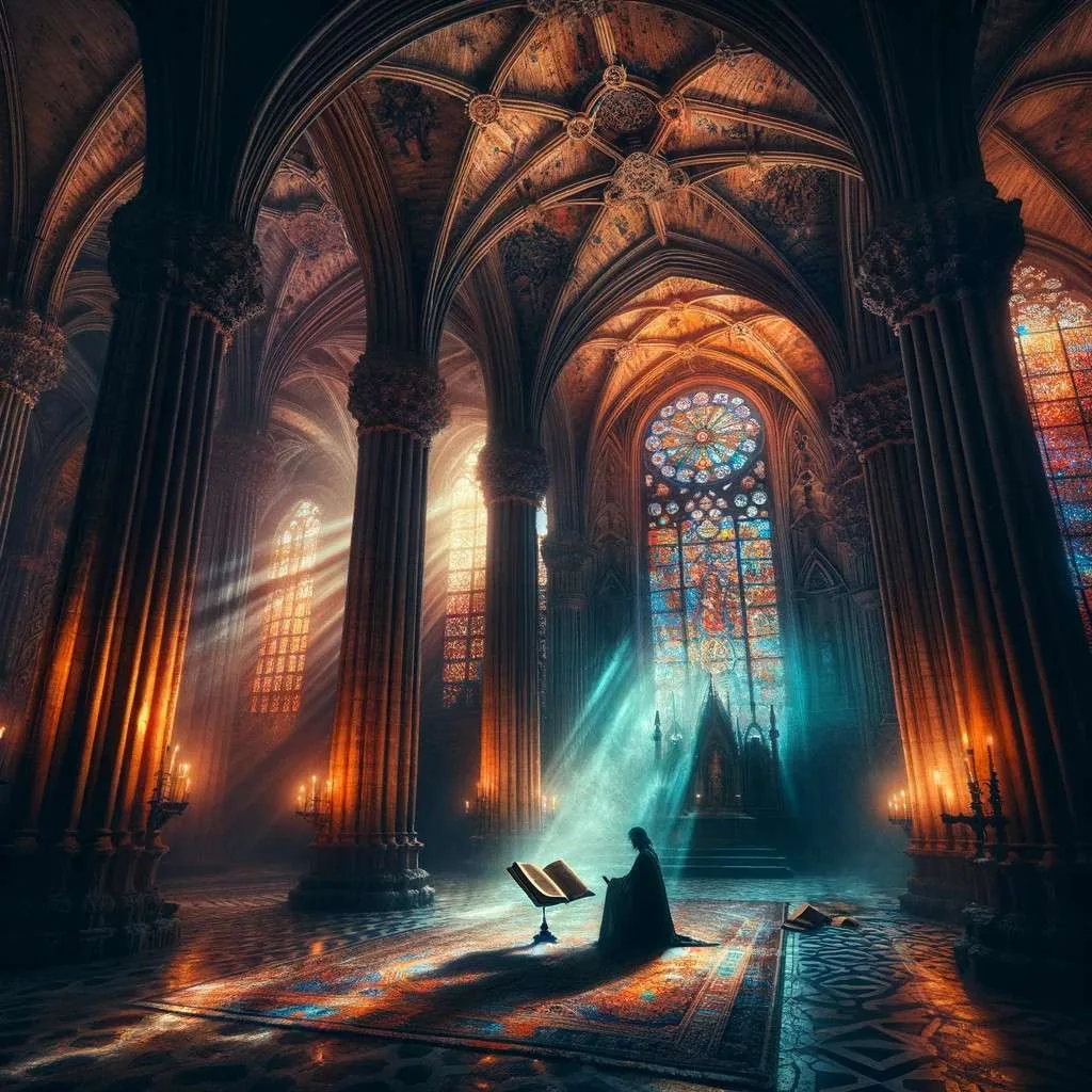 El misterioso interior de la Catedral de Sevilla cobra vida con una figura enigmática revelando secretos antiguos bajo la luz mágica de las vidrieras. Este lugar sagrado, lleno de historia y presencias etéreas, invita a descubrir los misterios guardados a través de los siglos. Los Mitos y Leyendas (www.losmitosyleyendas.com)