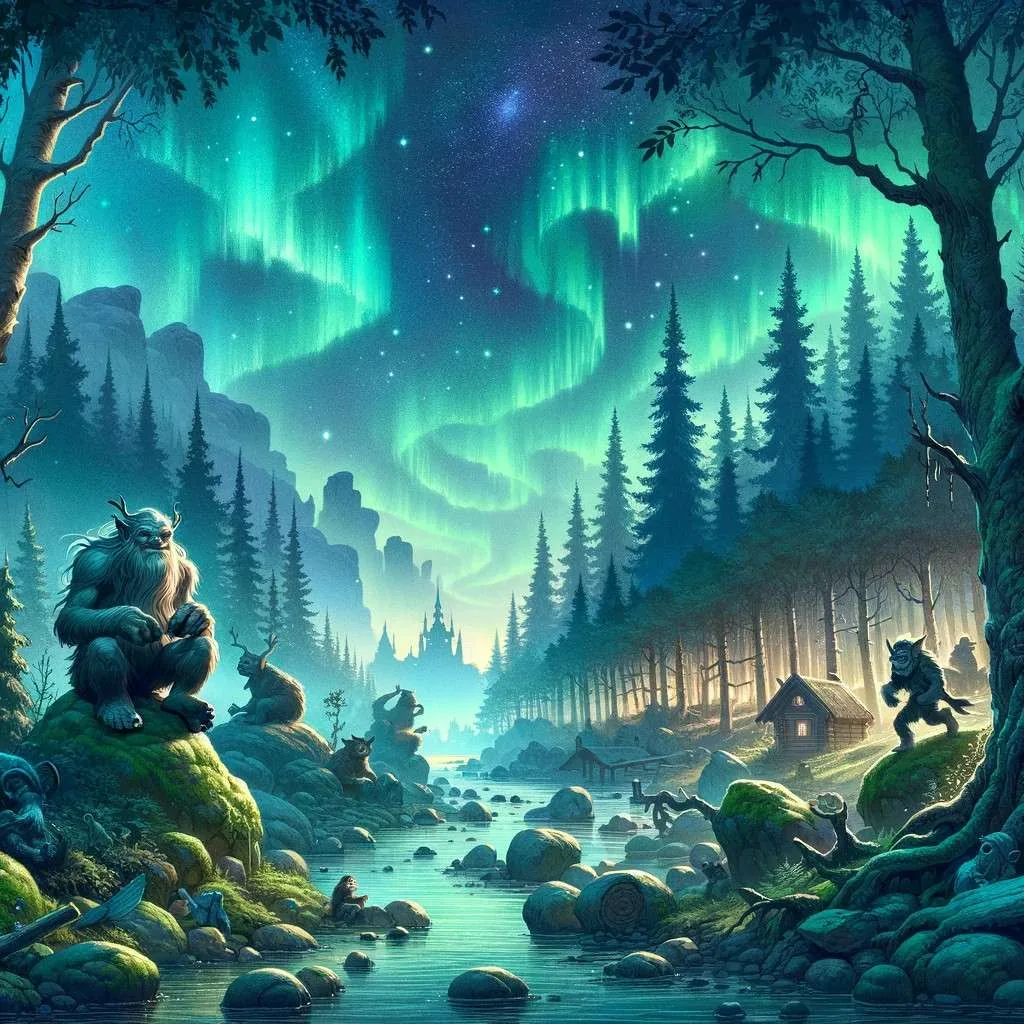 Escena inspirada en los mitos y leyendas de Suecia, con criaturas míticas y antiguos bosques bajo las luces del norte, reflejando el encanto natural y mítico de Suecia. Los Mitos y Leyendas (www.losmitosyleyendas.com)