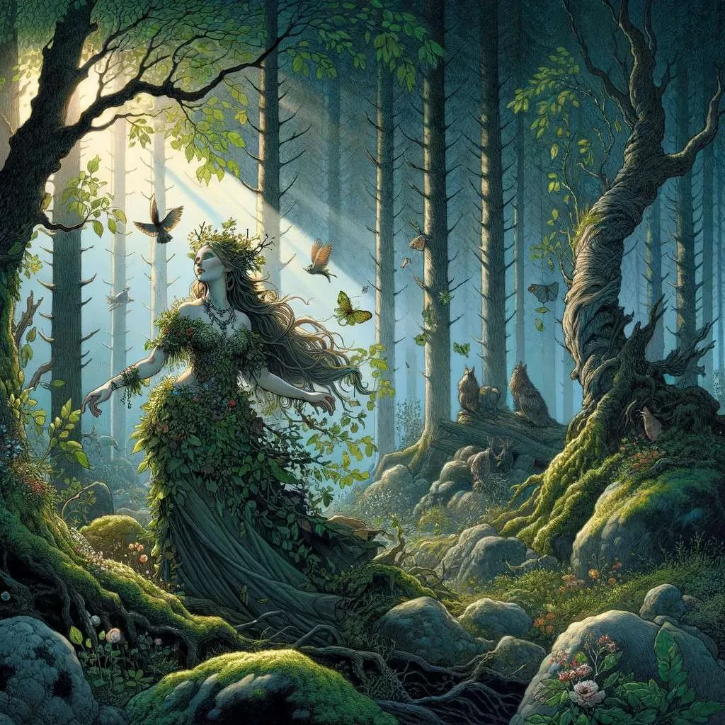 Ilustración de una Huldra en un bosque escandinavo, mostrando su belleza y su característica espalda hueca y cubierta de corteza de árbol, en un entorno místico que resalta su armonía con la naturaleza. Los Mitos y Leyendas (www.losmitosyleyendas.com)