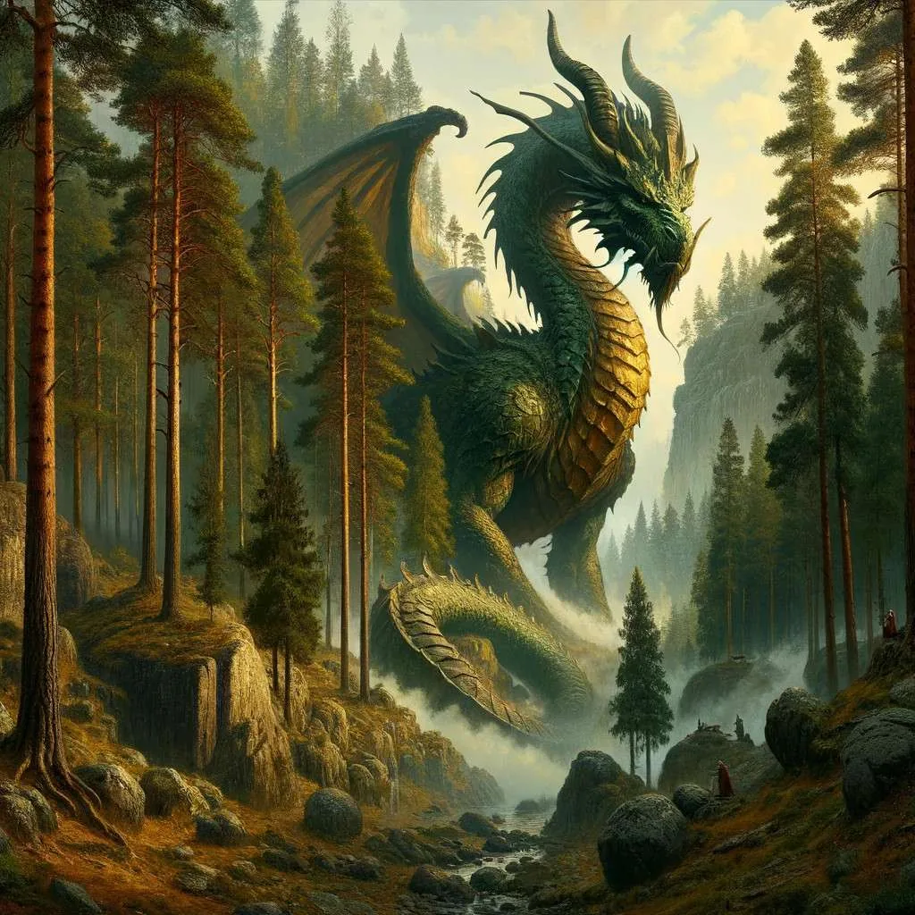 Una escena épica que muestra al Gran Dragón de Skane, majestuoso y imponente, con escamas que brillan en tonos de verde y oro, rodeado de antiguos árboles en un bosque sueco, evocando la leyenda de aventura y misterio. Los Mitos y Leyendas (www.losmitosyleyendas.com)