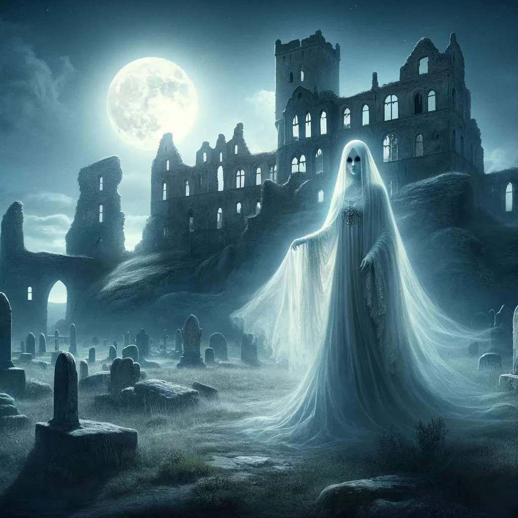 La Dama Blanca, una figura etérea y elegante en ropajes blancos, vaga por las ruinas del Castillo Tre Kronor bajo un cielo de luna, con un suave resplandor que sugiere su origen sobrenatural. La atmósfera de tranquilidad inquietante captura la atracción atemporal de la leyenda y la gracia espectral de La Dama Blanca. Los Mitos y Leyendas (www.losmitosyleyendas.com)