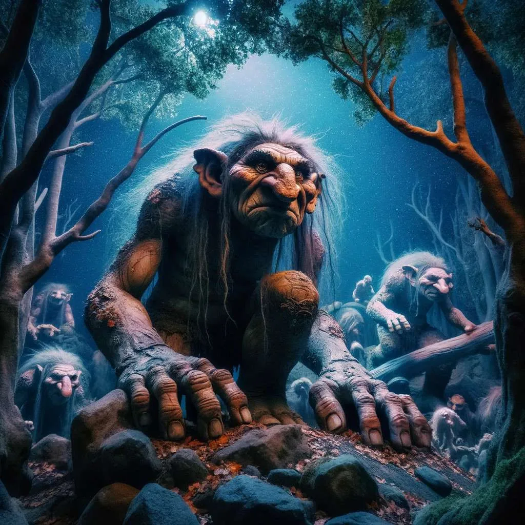 Representación artística de los trolls de Suecia, grandes y misteriosas criaturas de la mitología nórdica, en un bosque bajo la luz de la luna, reflejando la rica tradición folclórica de Suecia. Los Mitos y Leyendas (www.losmitosyleyendas.com)